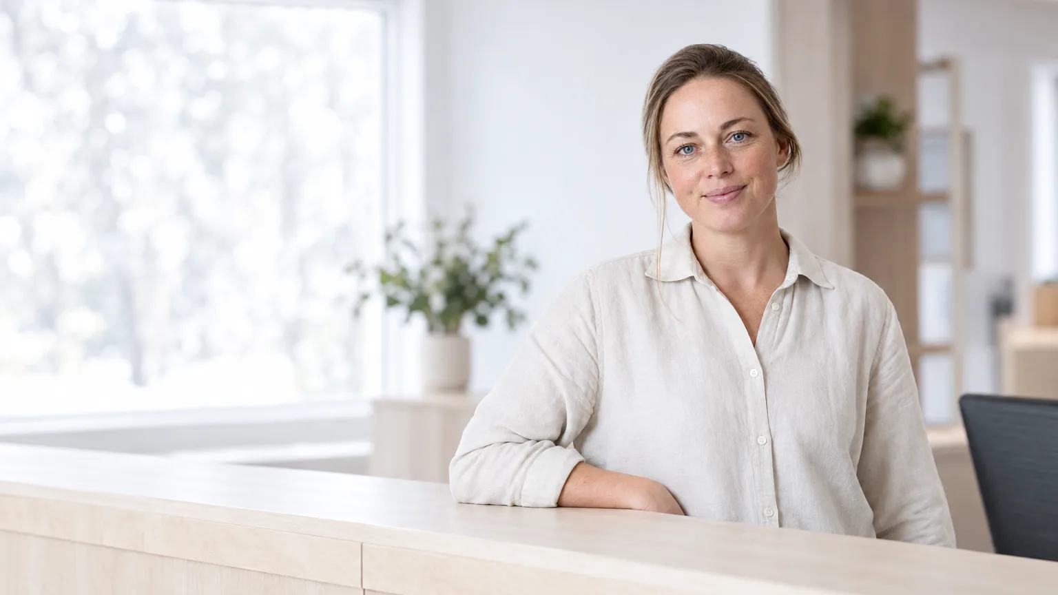Thea, Threll's AI receptionist, behind the reception desk