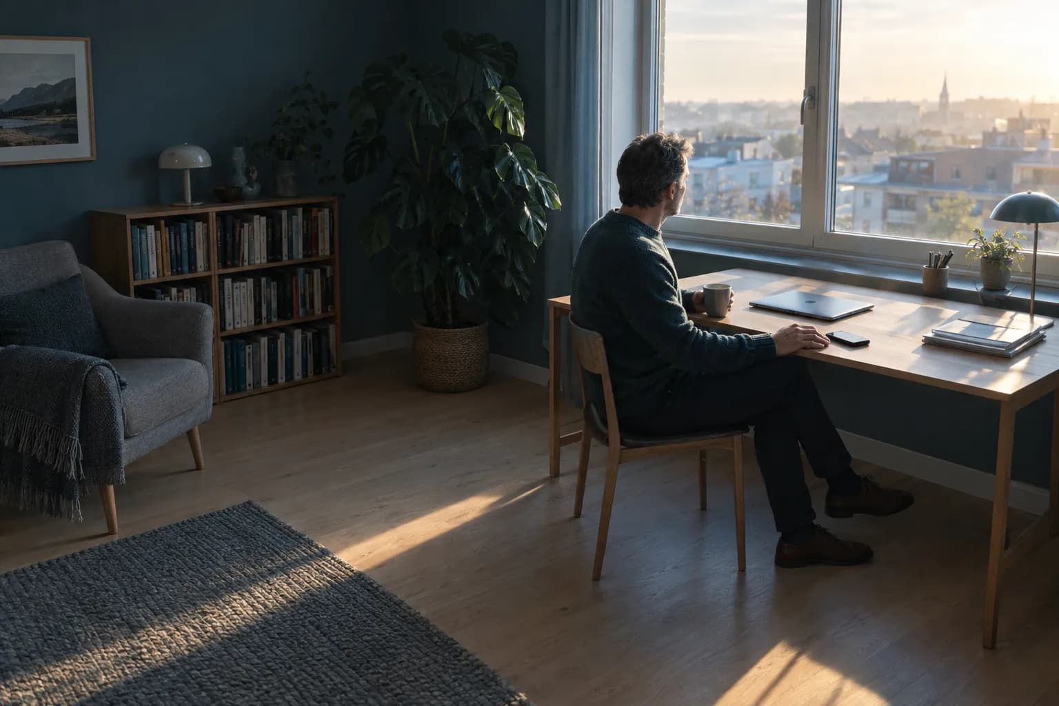 A man in a dark teal knit jumper sits at a desk in the home-office corner of a living room early in the morning, looking out of the window, a mug in one hand and the other hand resting beside a mobile phone on the desk, while low morning sun lays a warm stripe across the floor.
