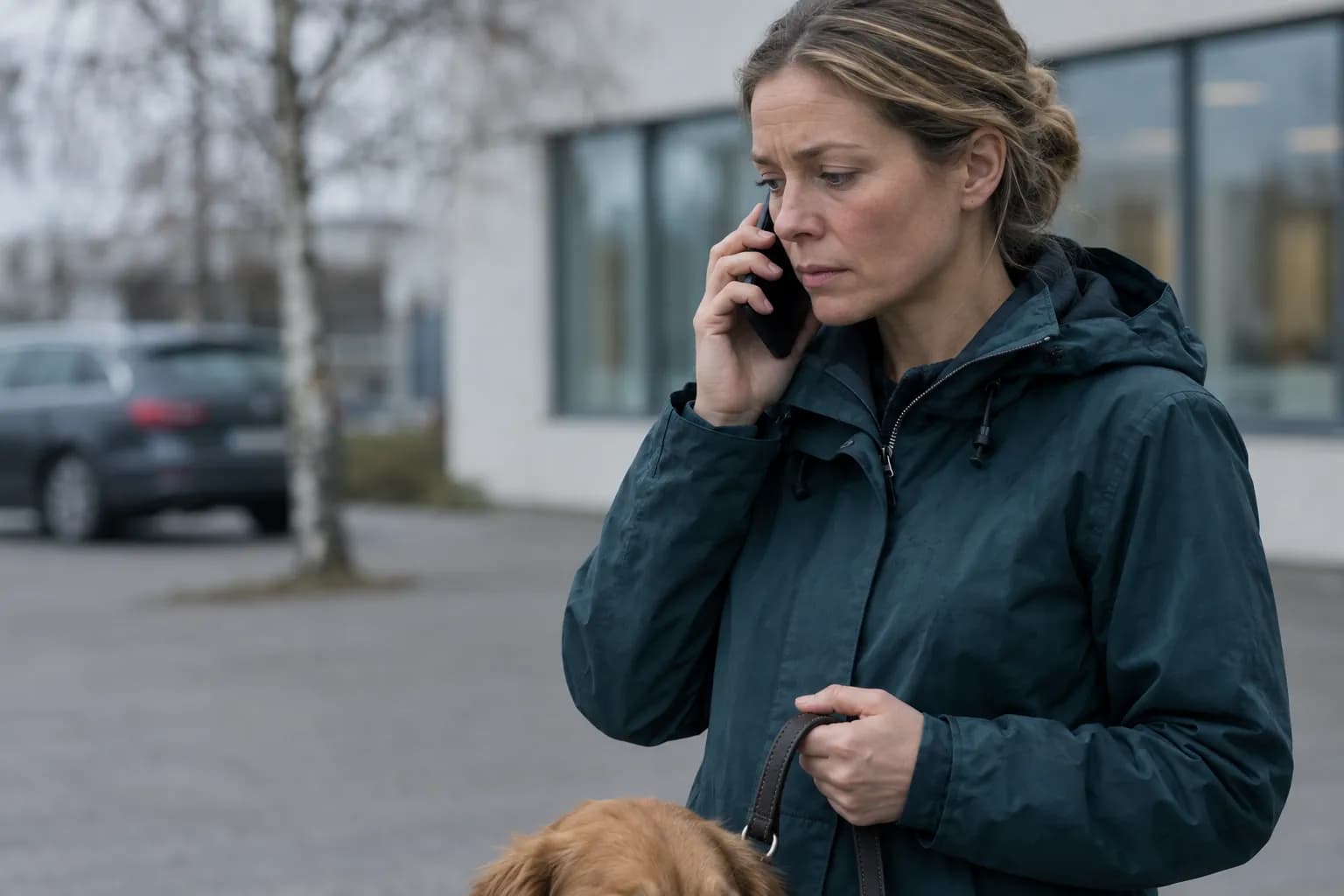 A woman in a dark teal rain jacket stands on a pavement on a grey day with a mobile phone to her ear and her eyes lowered, holding a dog lead in her other hand while a golden-brown dog sits close against her at the bottom of the frame.