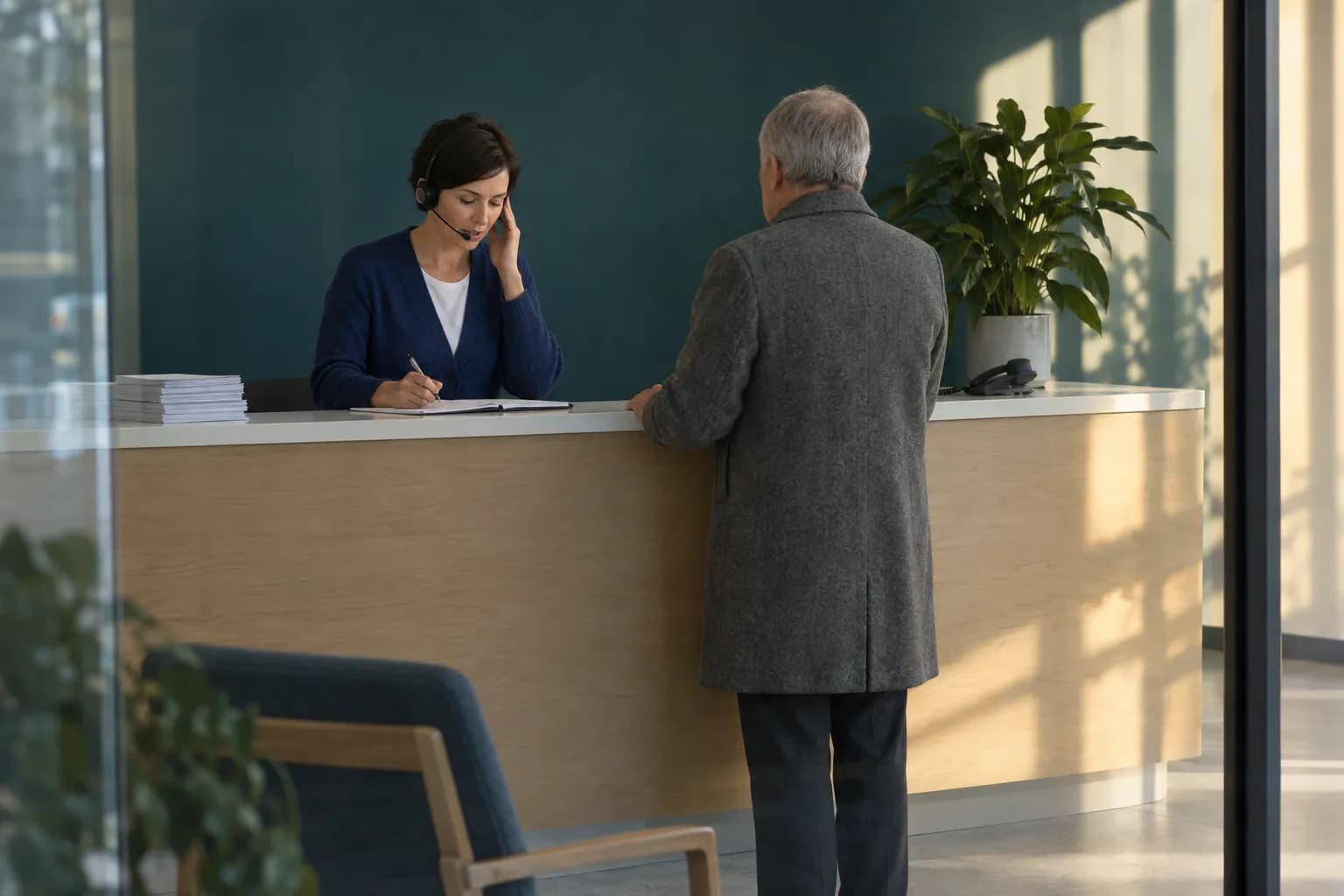 Seen through a glass partition: a woman with short dark hair, a navy cardigan and a headset talks and writes in an appointment book behind a pale reception desk, while an older man in a grey wool coat waits at the desk in low morning light from the right.
