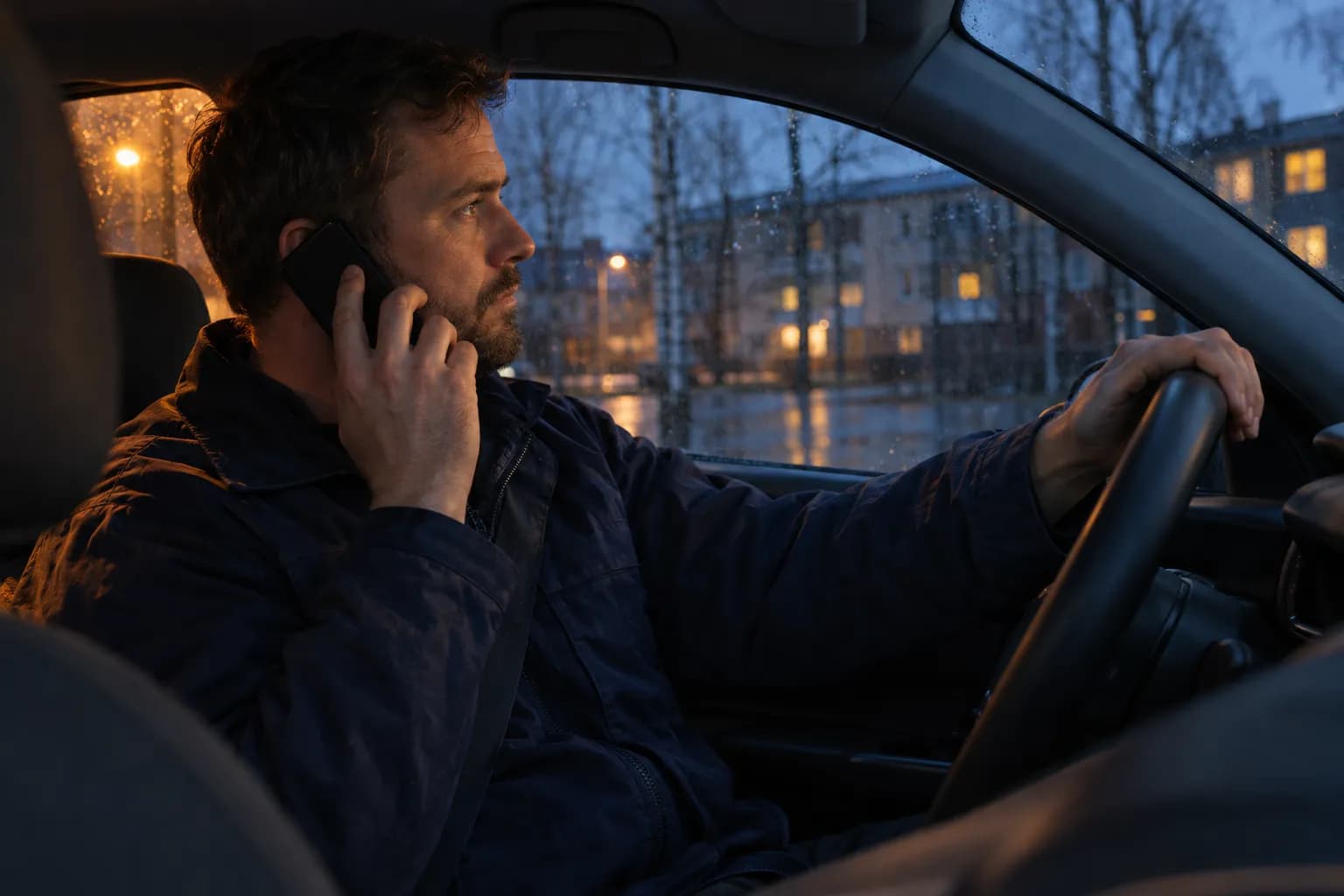 A bearded man in a dark navy jacket sits in the driver's seat of a parked car at dusk with a phone to his right ear and his left hand on the steering wheel, rain drops on the window and lit windows of an apartment block outside.