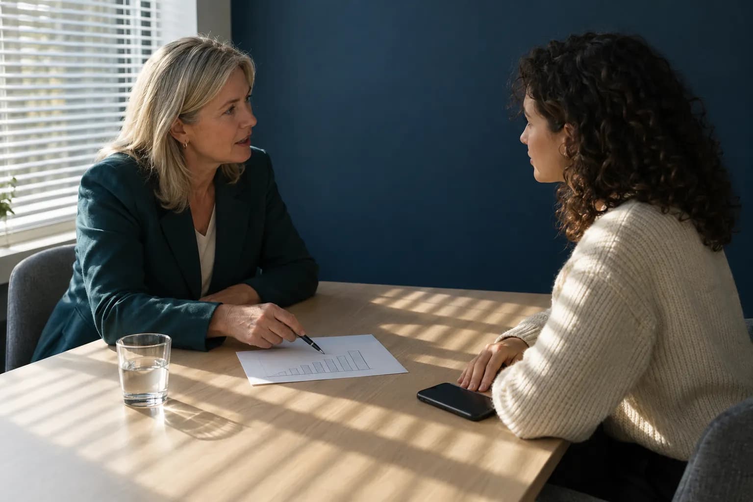 Two women at a pale meeting table: one in a teal blazer points with a pen at a sheet with a bar chart, the other in a cream knit jumper listens with her hand next to a phone lying face down, in hard afternoon light through venetian blinds.