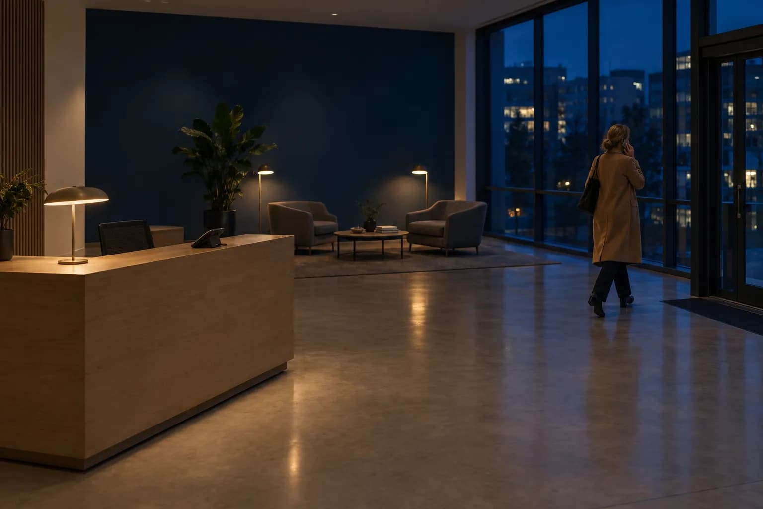 An empty reception area in the evening, lit by one desk lamp and two floor lamps: an unstaffed reception desk with a desk phone in the foreground, two armchairs by a dark blue wall, and a woman in a camel coat walking towards the exit with a phone to her ear.