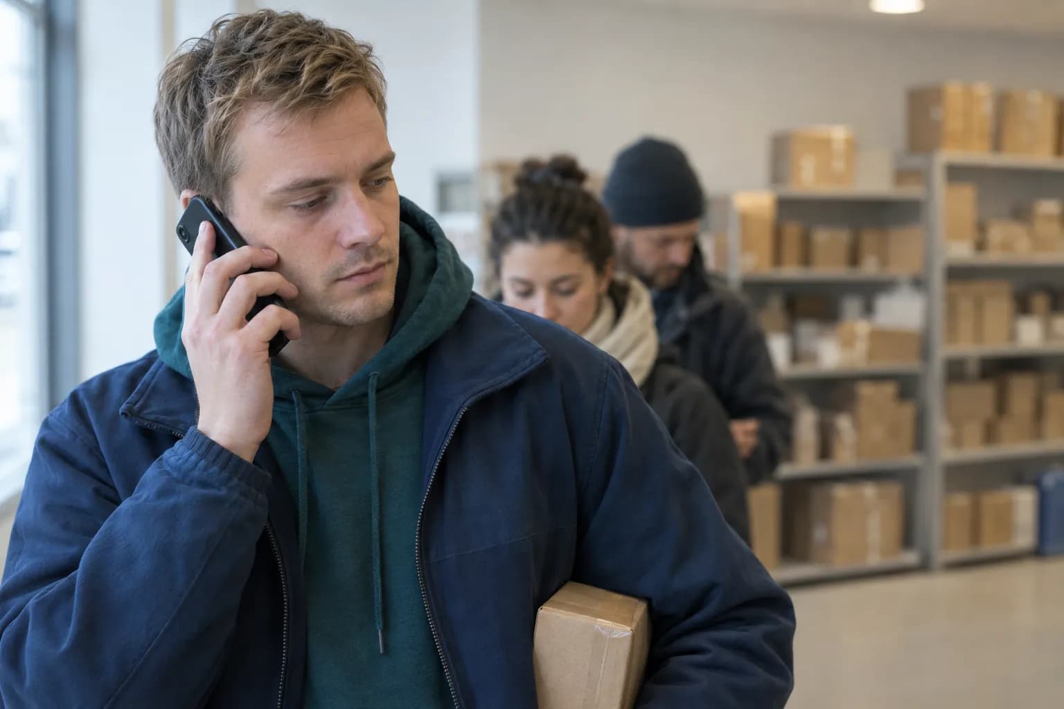 A young man with fair hair in a teal hoodie and navy jacket stands in a queue at a parcel pickup counter with a phone to his right ear and a small cardboard box under his left arm, two other people waiting behind him in front of shelves of parcels.